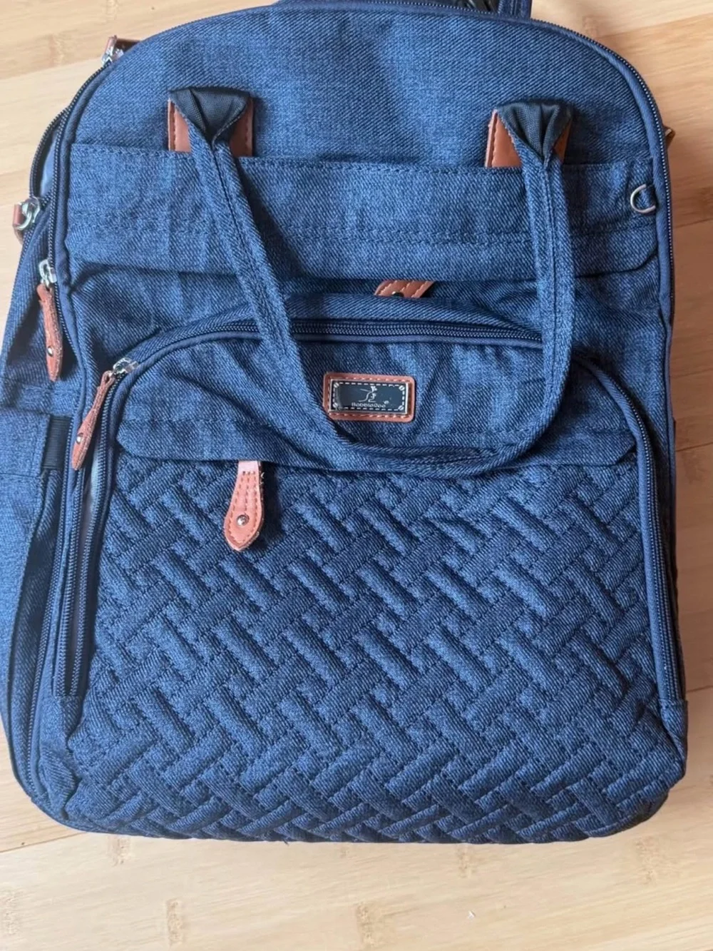 Blue  Babble Roo  baby diaper bag .  Quilted Travel Backpack with Brown Accents